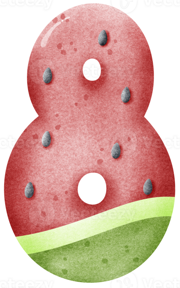 Watercolor cartoon doodle number 8 with watermelon pattern, number hand drawn png
