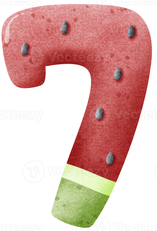 Watercolor cartoon doodle number 7 with watermelon pattern, number hand drawn png