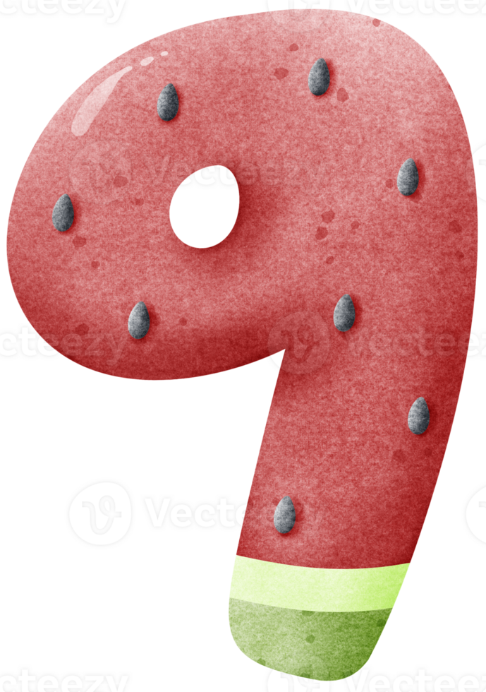 Watercolor cartoon doodle number 9 with watermelon pattern, number hand drawn png