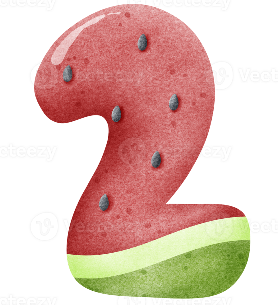 Watercolor cartoon doodle number 2 with watermelon pattern, number hand drawn png