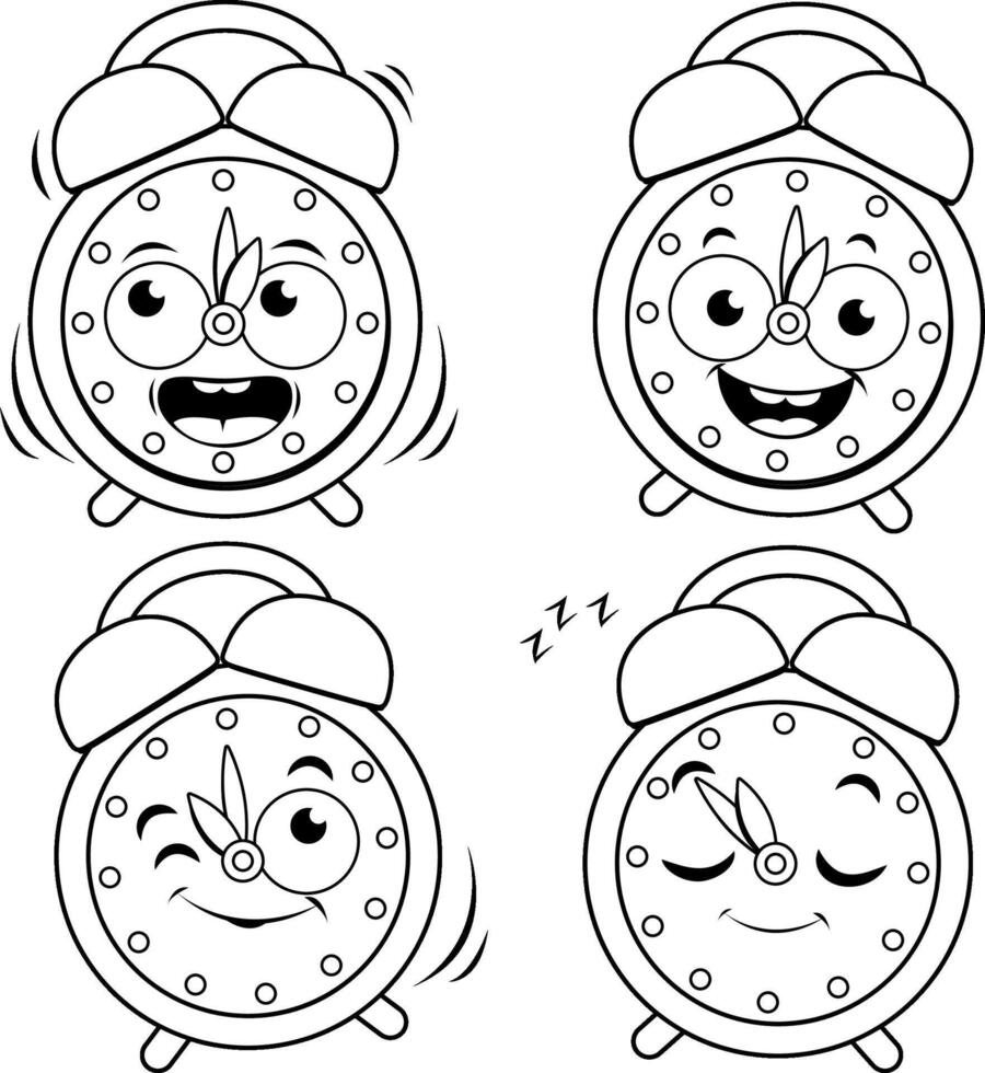 Set of four happy alarm clocks characters. A ringing, a smiling, a winking and a sleeping time alarm clock. Black and white coloring page. vector