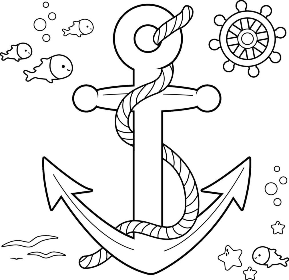 Nautical anchor with rope. Anchor symbol. Nautical collection with anchor, boat rudder and fish with rope. Black and white coloring book page vector