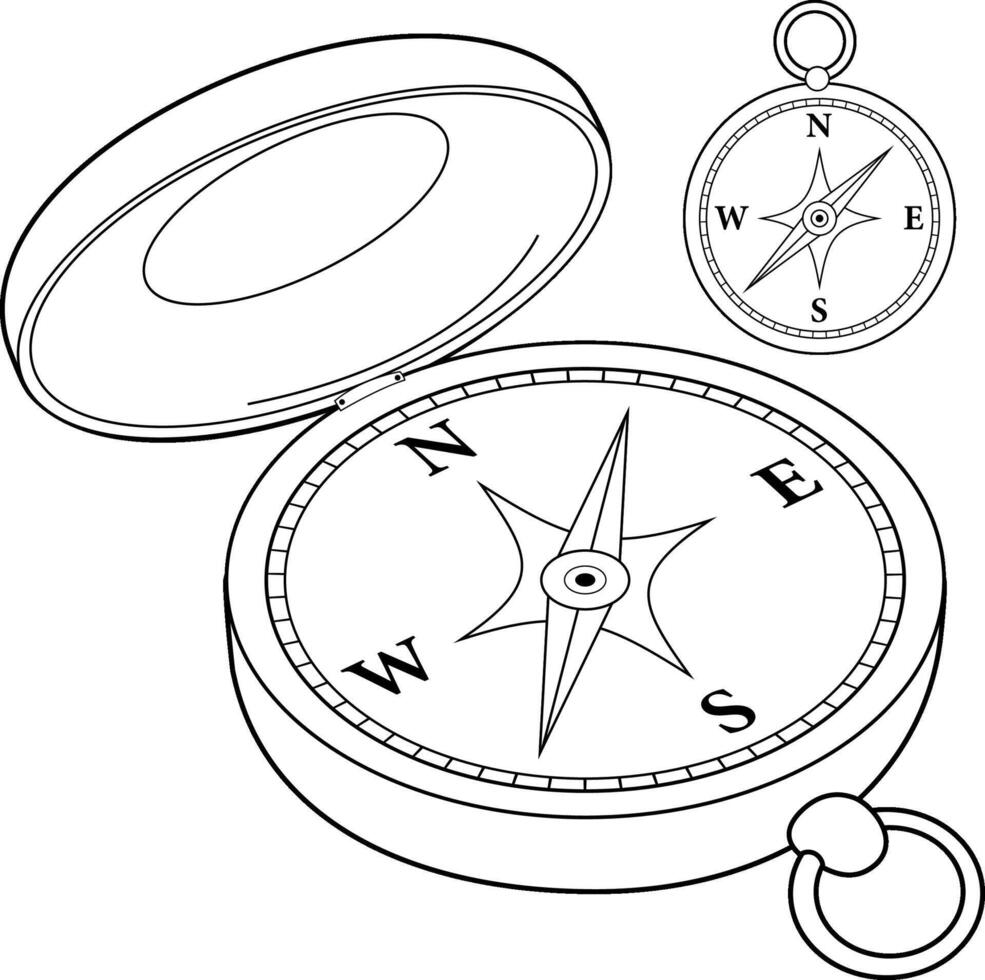 Navigation travel compass. on white background. Terrain orientation or direction. Black and white coloring page vector