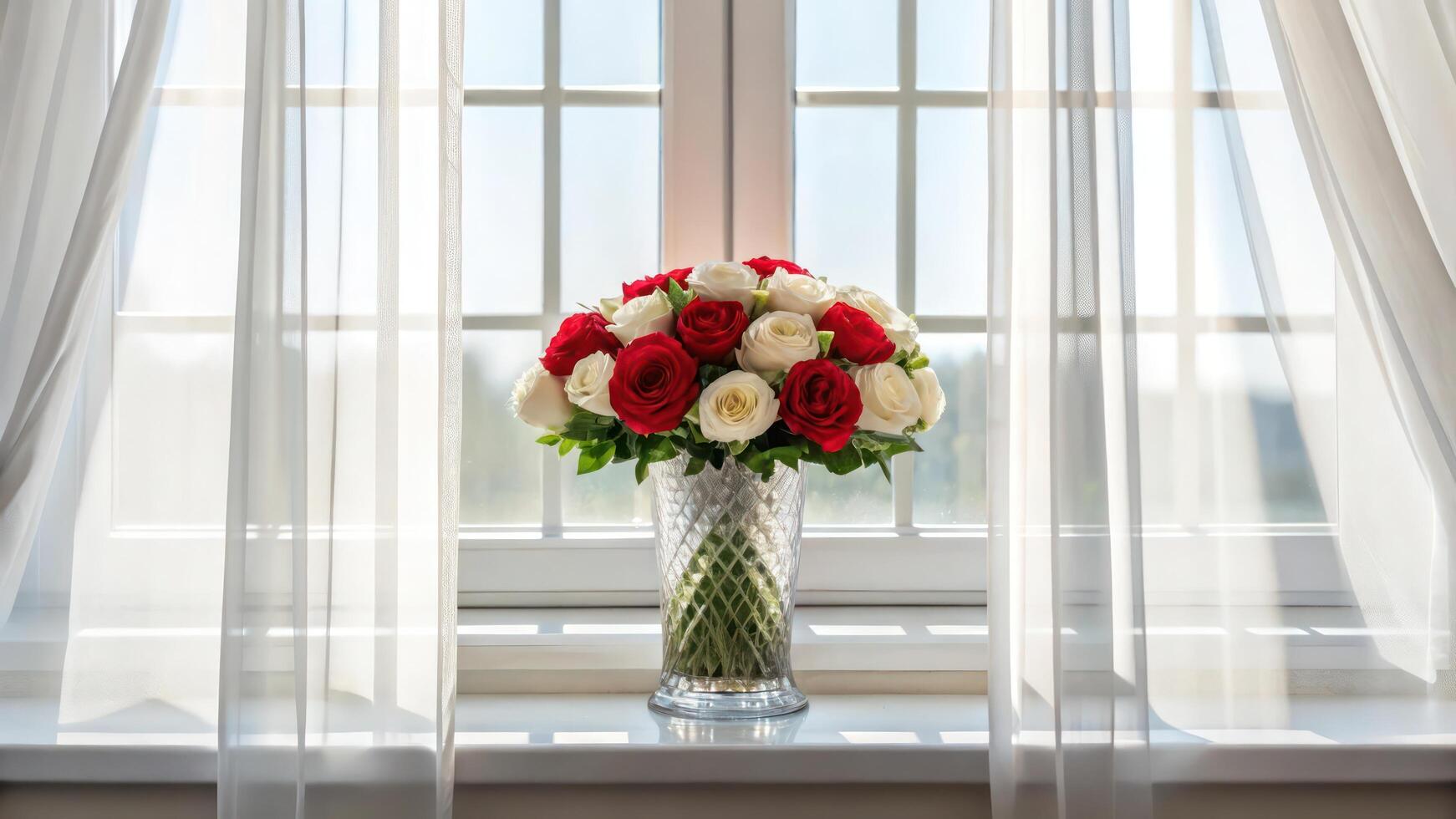 A bouquet of red and white roses sitting on a window sill photo