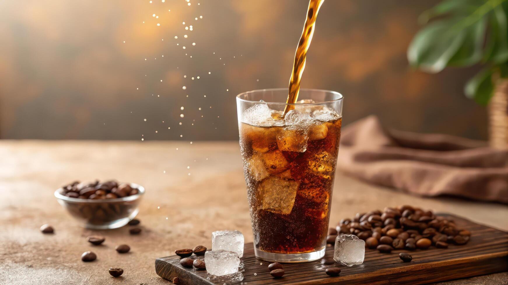 Coffee and cola with ice cubes on wooden table photo