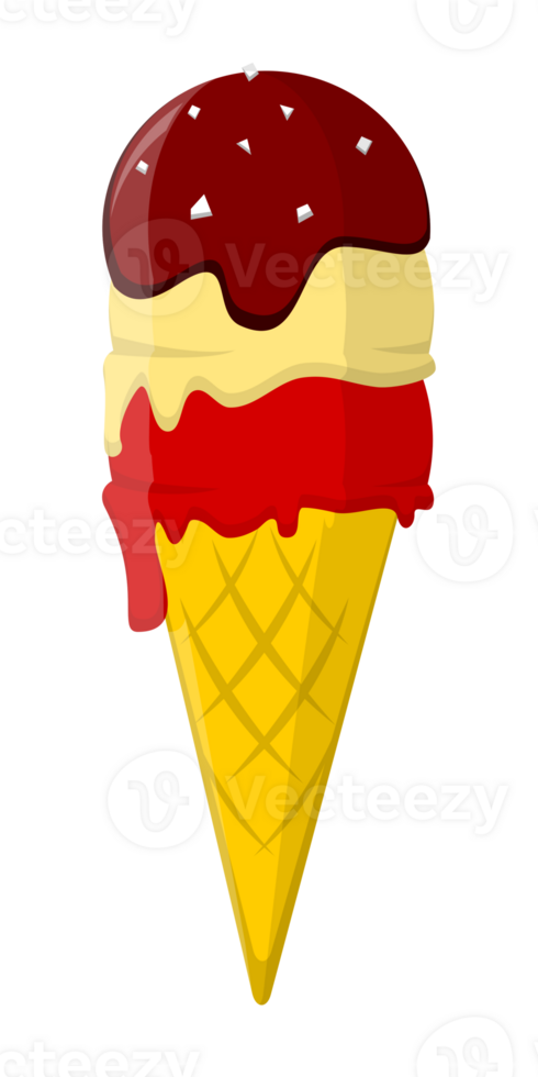 Red and Yellow Ice Cream Cone with Melted Chocolate and Sprinkle Biscuit Topping png
