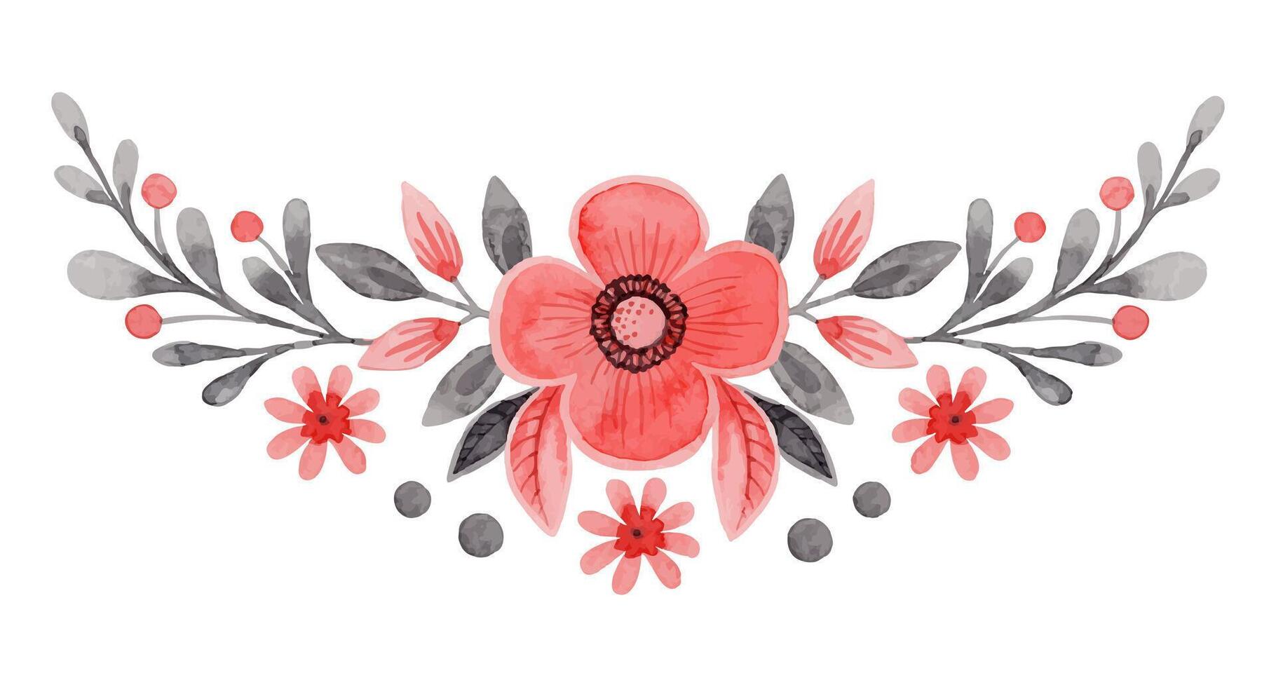 Wide arrangement with flower and twig in folk style. Stylized illustration in red and gray colors for wedding invitation creating. Hand drawn composition is perfect for romantic and love designs. vector