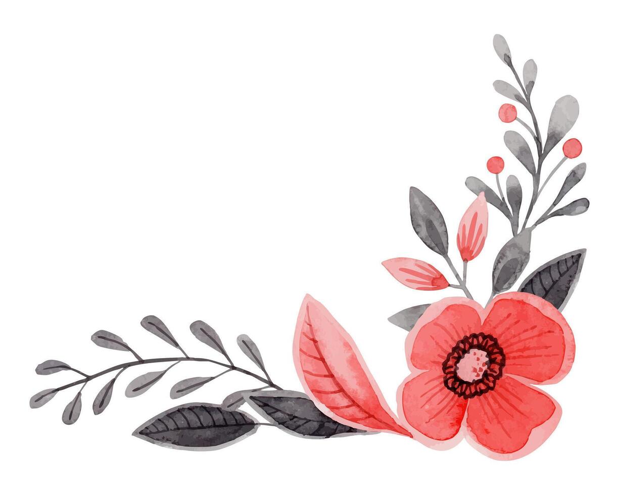 Corner composition with flower and leaf in folk style. Stylized illustration in red and gray color for wedding invitation creating. Hand drawn arrangement is perfect for romantic and love designs. vector