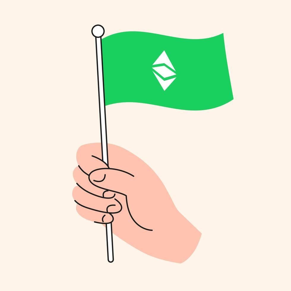 Hand Holding a Green Ethereum Classic Flag, Symbolizing Cryptocurrency and Blockchain Support with the ETC Token Symbol - Illustration for Digital Finance and Decentralized Economy vector
