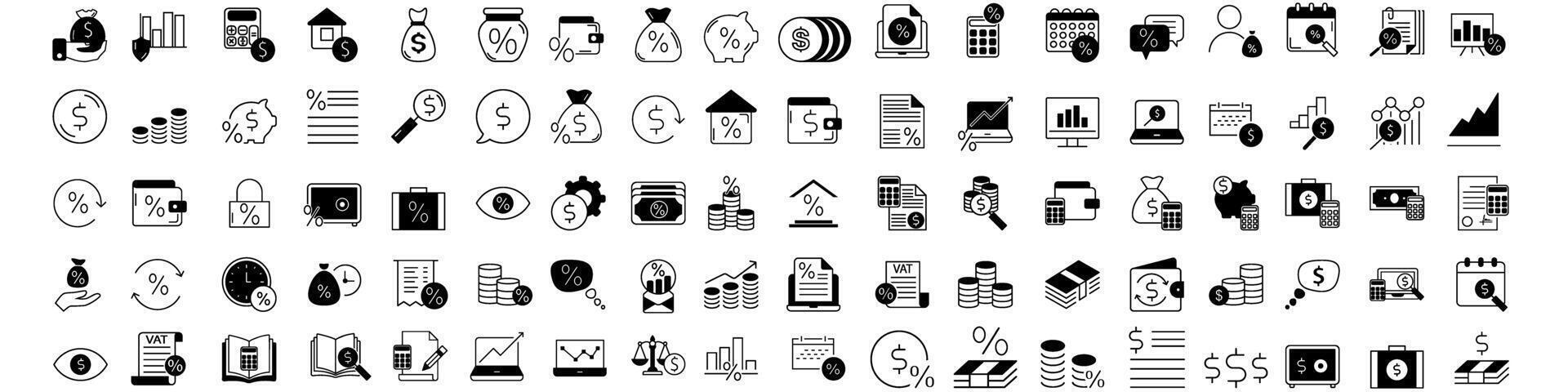 Money and finance icons set, outline style. Collection of money and finance icons. vector