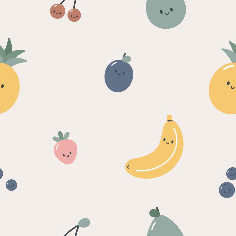Seamless pattern with cute fruits and berry. Kids background. For card, posters, banners, books, printing on the pack, clothes, fabric, wallpaper, textile or dishes. vector