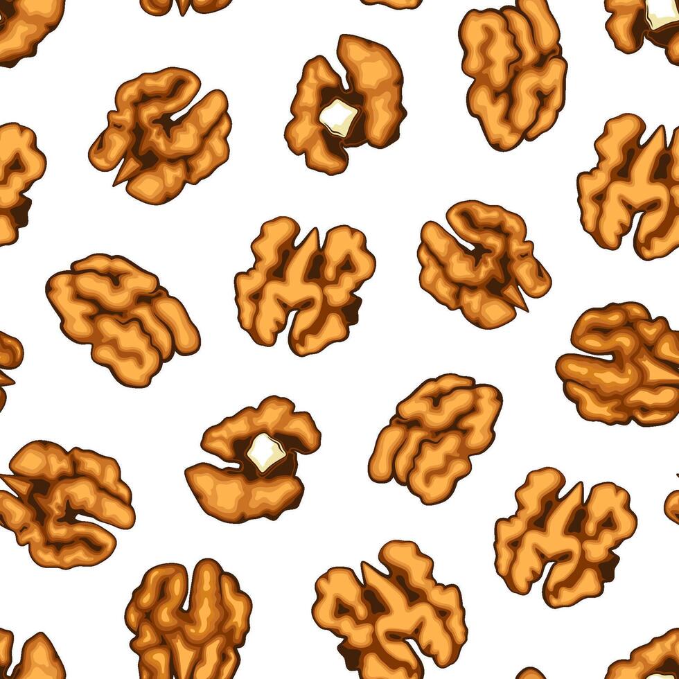 Nuts seamless pattern design. Walnuts background. Organic food concept. Nuts pattern for fabric, packaging, coffee and bakery shops. Hand Drawn illustration. vector