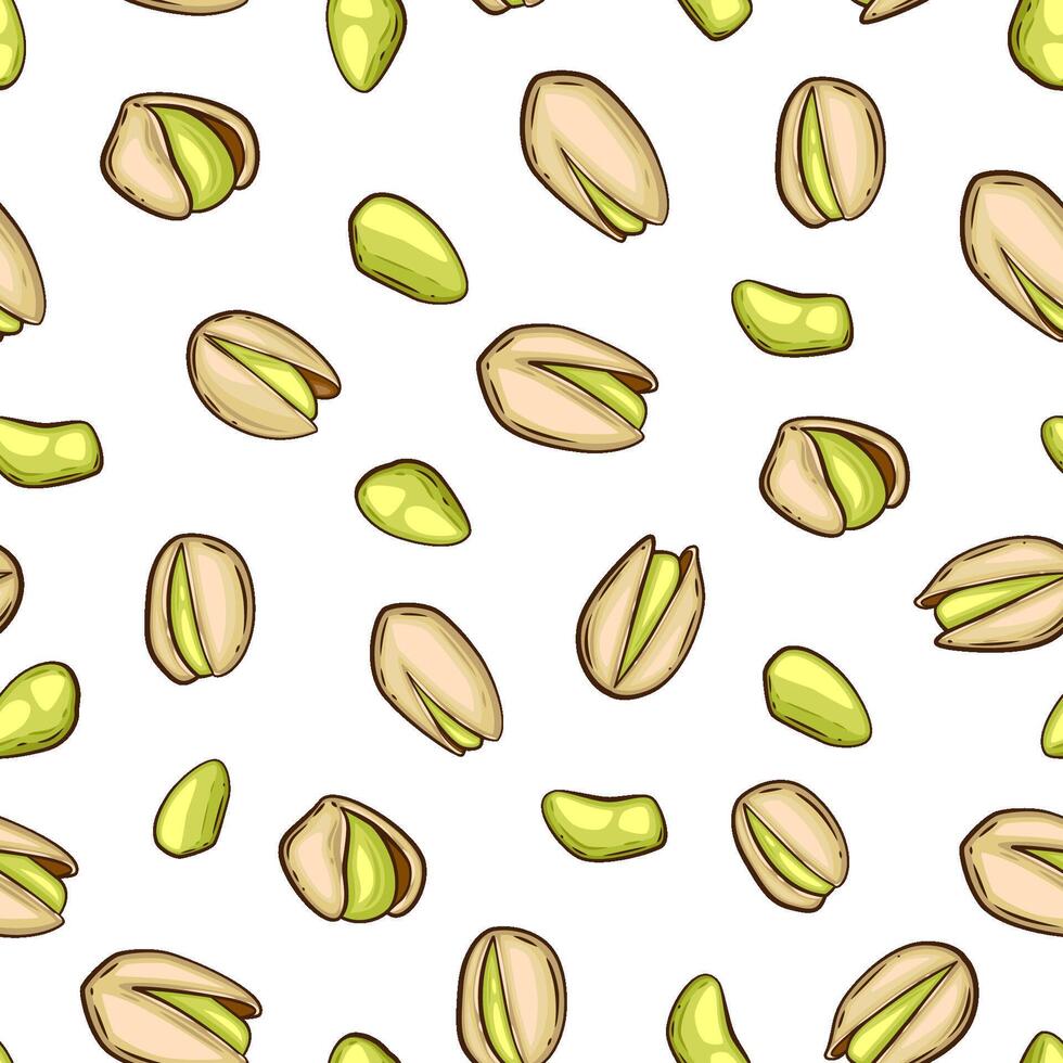 Nuts seamless pattern design. Pistachio background. Organic food concept. Nuts pattern for fabric, packaging, coffee and bakery shops. Hand Drawn illustration vector