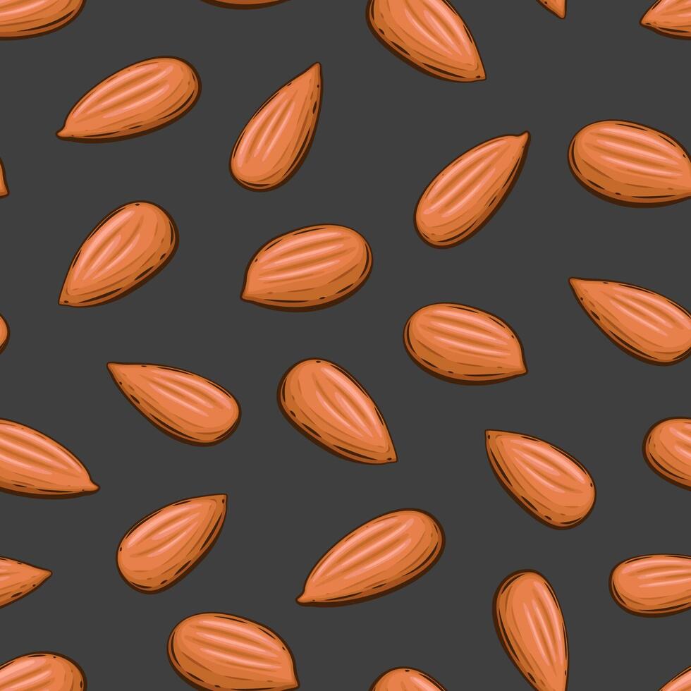 Nuts seamless pattern design. Almond background. Organic food concept. Nuts pattern for fabric, packaging, coffee and bakery shops. Hand Drawn illustration vector