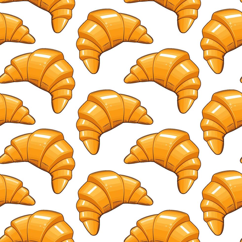 Food pattern design on white. Croissant background. Seamless pattern with croissant. Croissant pattern for fabric, wrapping paper, packaging, coffee and bakery shops. Hand Drawn illustration. vector