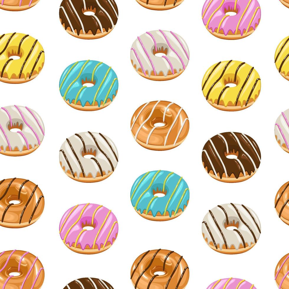 Food pattern design on white. Donuts background. Seamless pattern with donuts. Donut pattern for fabric, wrapping paper, packaging, coffee and bakery shops. Hand Drawn illustration. vector