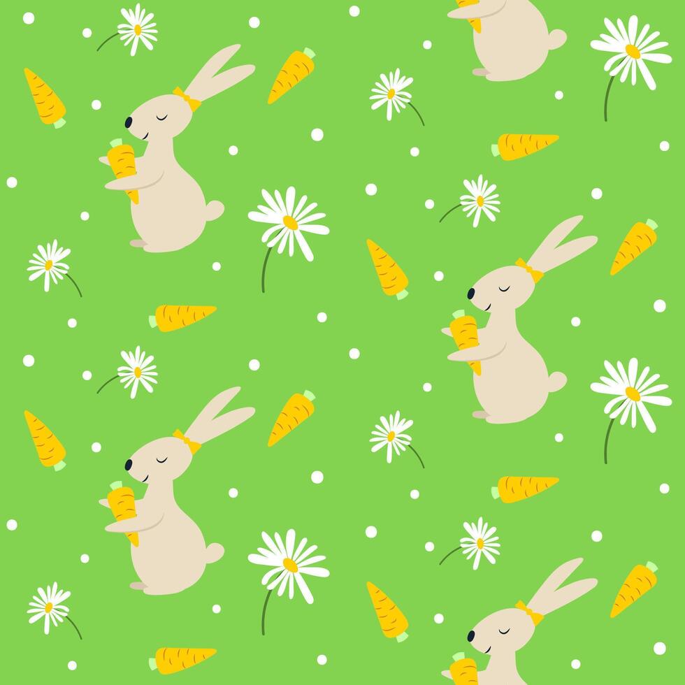Seamless bright spring or summer floral pattern, background with cute bunny, carrots and daisy flowers. vector