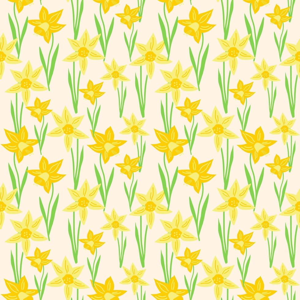 Spring first blooming in a garden flower, yellow daffodil or narcissus, jonquil, hand drawn seamless pattern on beige background. vector