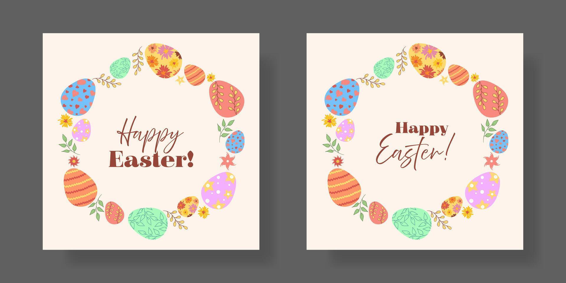 Two cards with colorful eggs and flowers vector