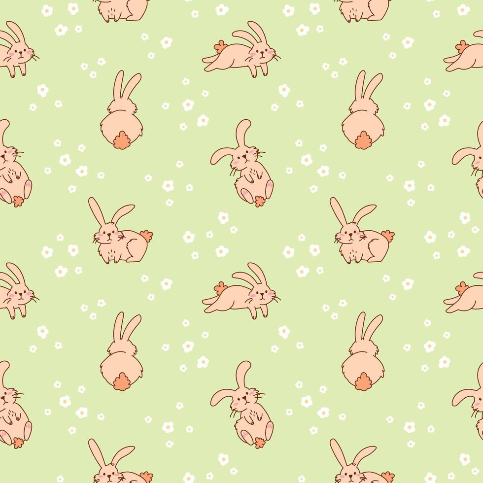 Cute Fluffy Bunnies Hand Drawn Seamless Pattern. Adorable Rabbits Frolic in Meadow. Playful Cartoon Background for Nursery Wallpaper, Easter Wrapping Paper, and Digital Projects vector