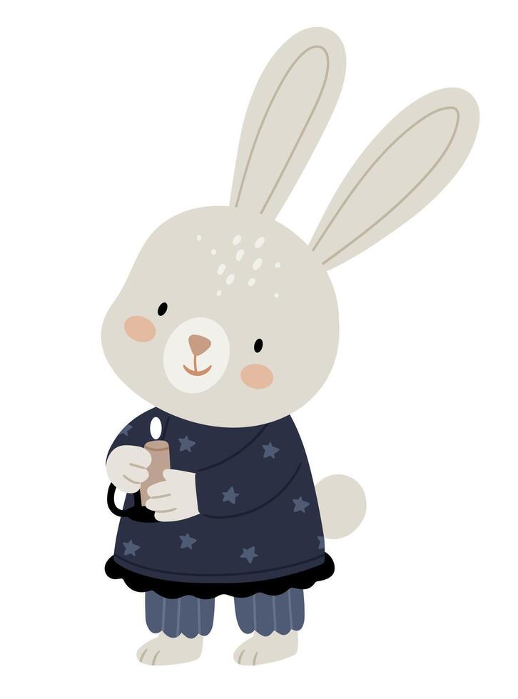 Cute vintage rabbit in pajamas holding a candle. Children's fairy tale illustration. Starry sky. vector