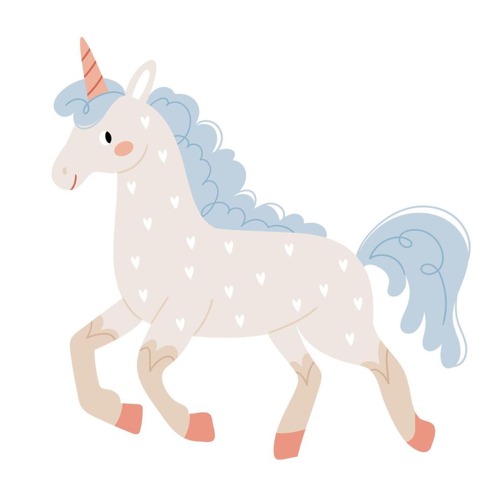 Fairytale unicorn in a heart pattern in Scandinavian style in pastel colors. Children's print. vector
