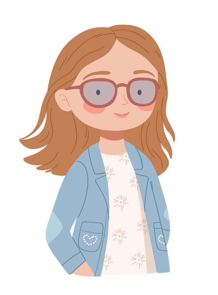 Stylish redhead girl in a spring denim jacket and rhinestones in glasses. vector
