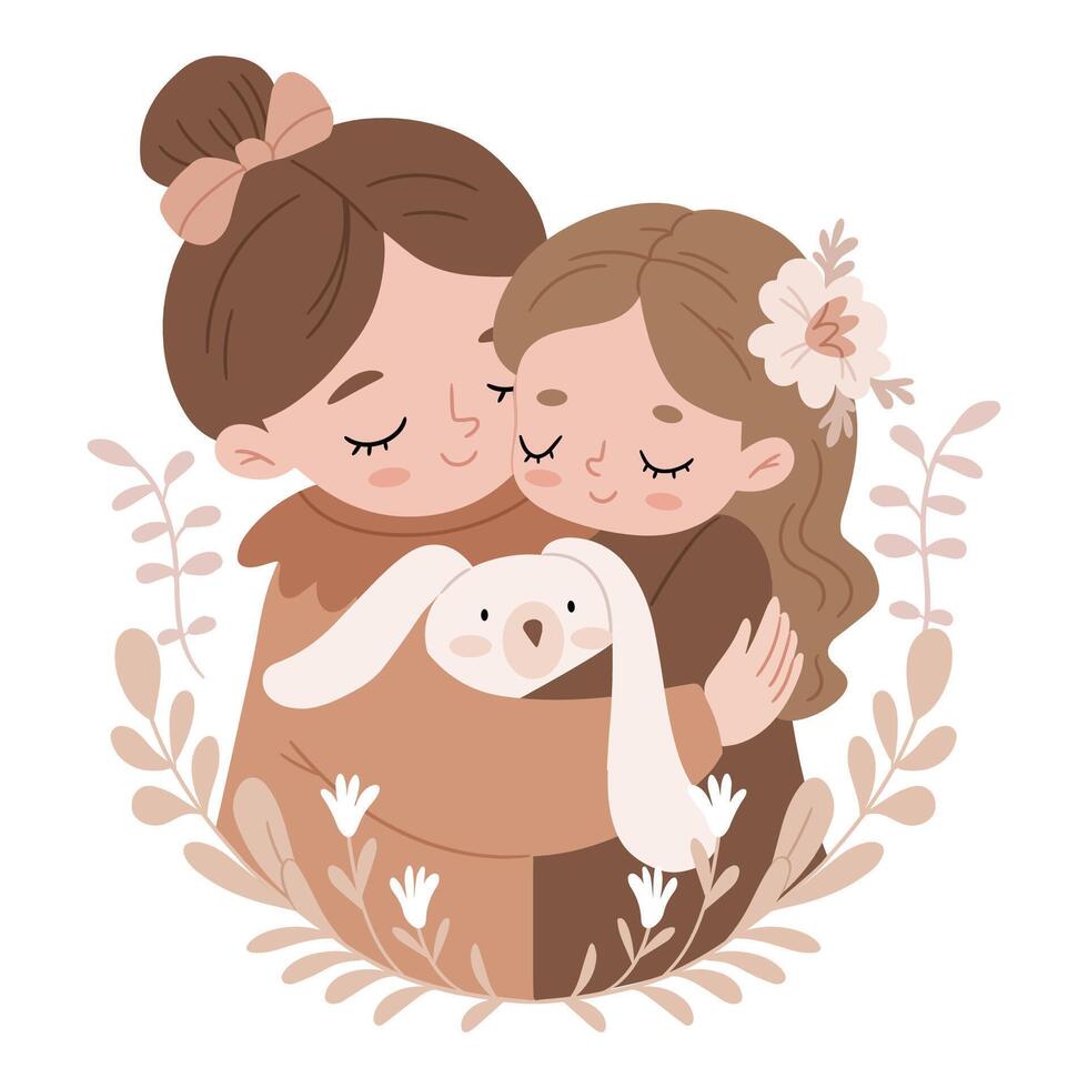 Mom and daughter hugging with a plush rabbit. Vintage colors and flowers. Mother's Day. Family. vector