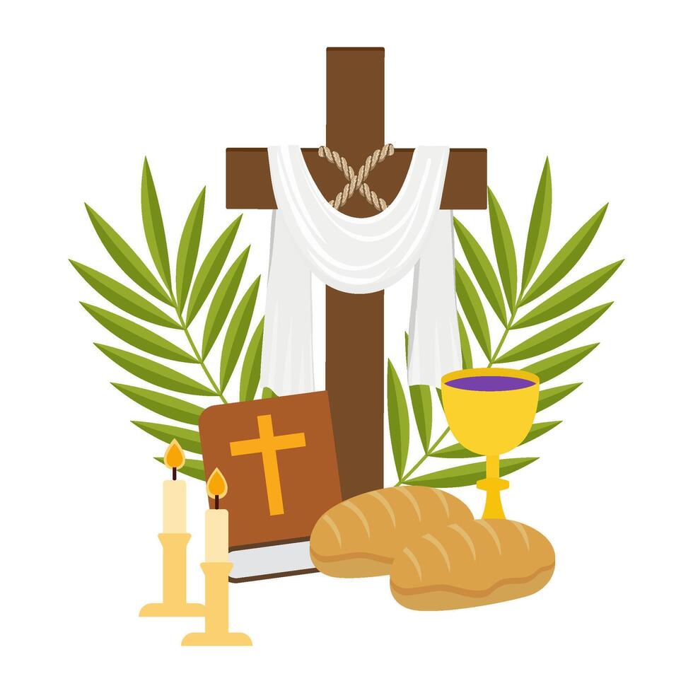 Holy Communion Symbols with Cross, Bread, Wine, Bible, Candles, and Palm Leaves vector