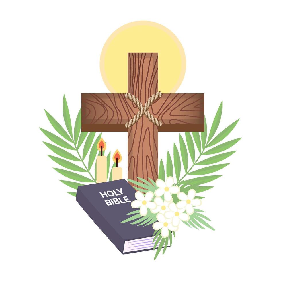 Wooden Cross with Bible, Candles, Flowers, and Palm Leaves Symbol of Faith and Resurrection vector