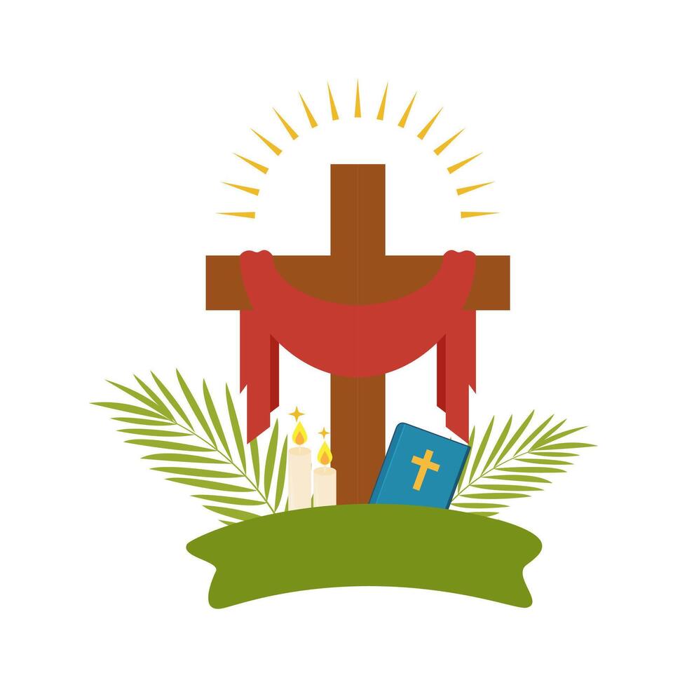 Christian Easter Cross with Red Cloth, Palm Leaves, Candles, Bible, and Sunburst vector