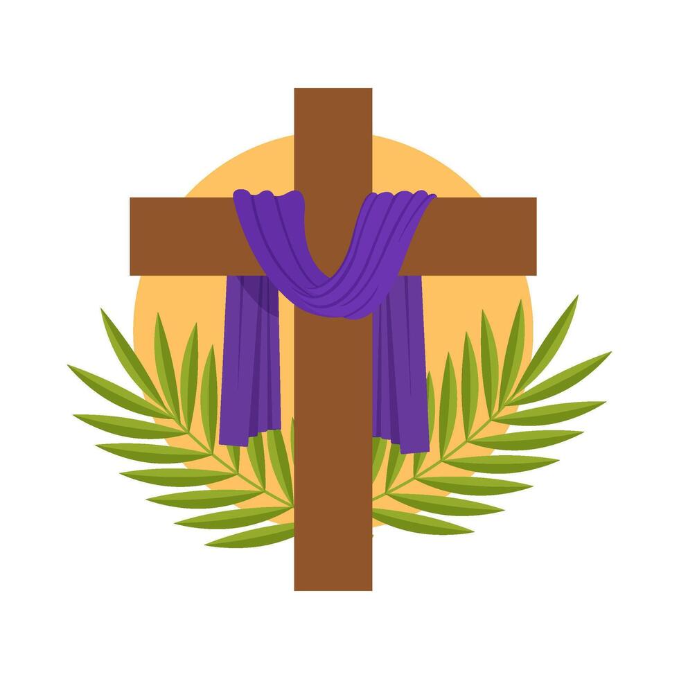 Wooden Cross with Purple Cloth and Palm Leaves Lent and Easter Illustration vector