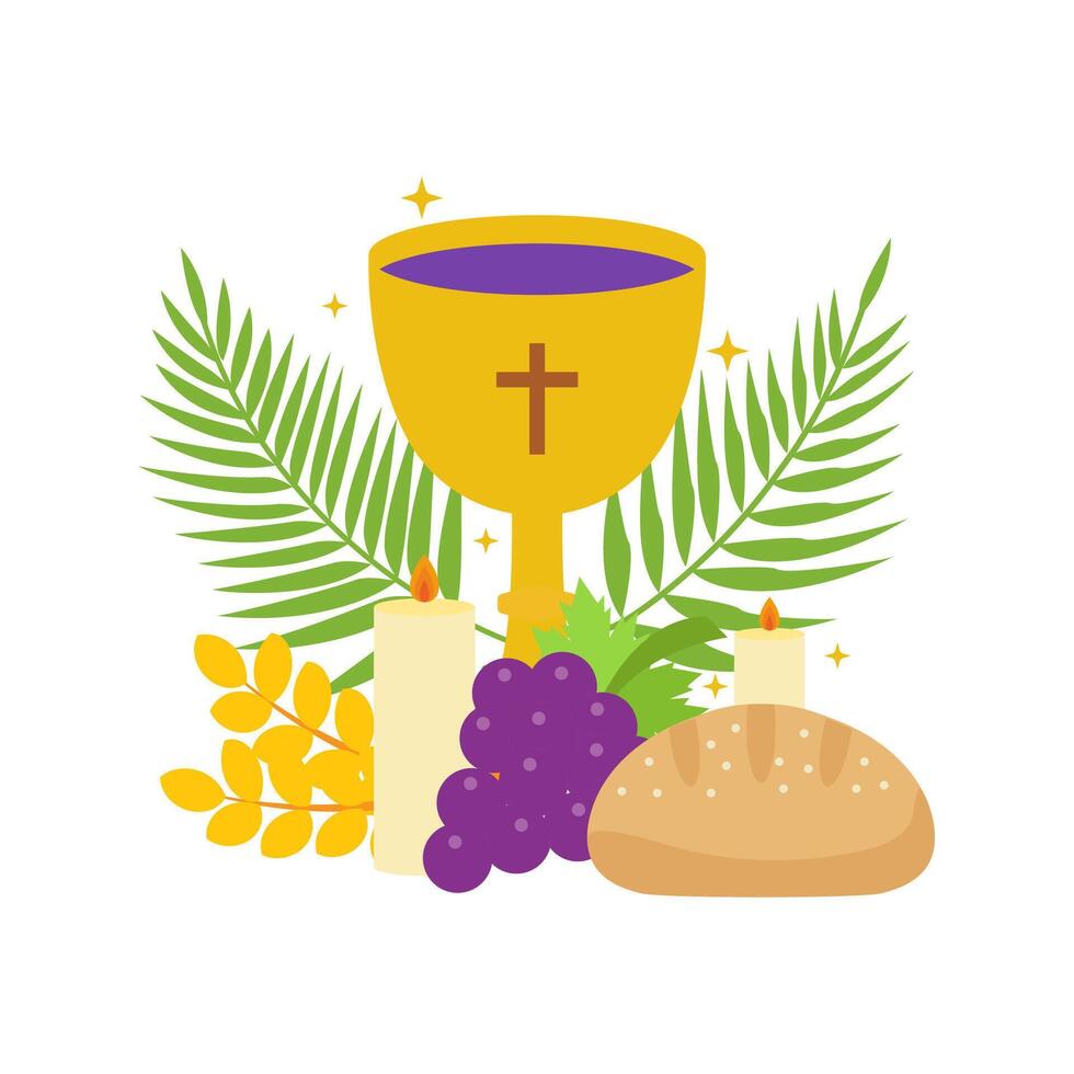 Holy Communion Symbols with Chalice, Bread, Grapes, Candles, Palm Leaves, and Golden Wheat vector