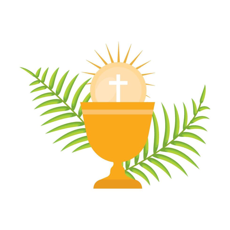 Golden Chalice with Eucharist Host and Cross Symbol with Palm Leaves Religious Sacrament Concept vector