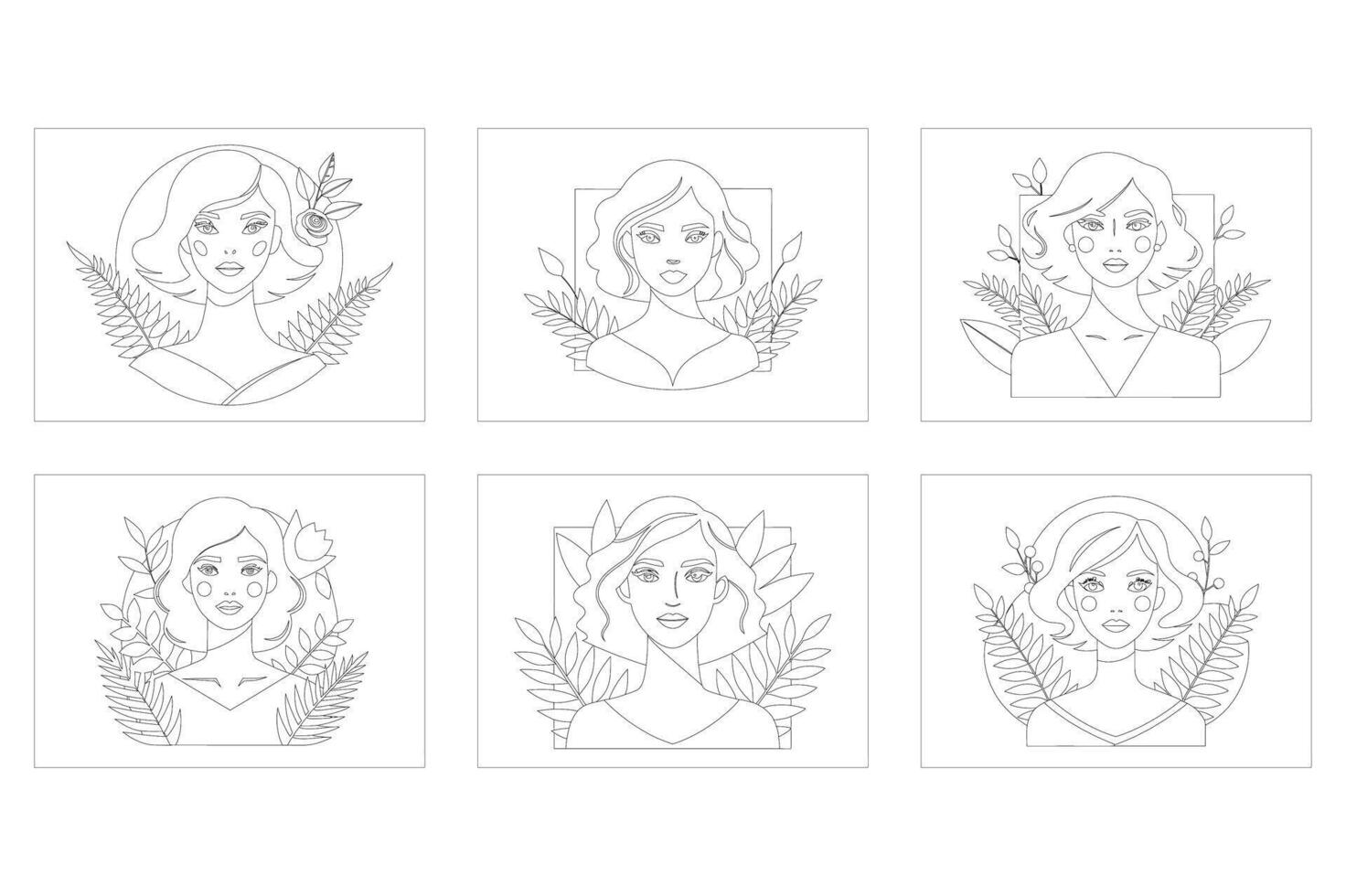 Set of Elegant Line Art Portraits of Women with Natural Elements vector