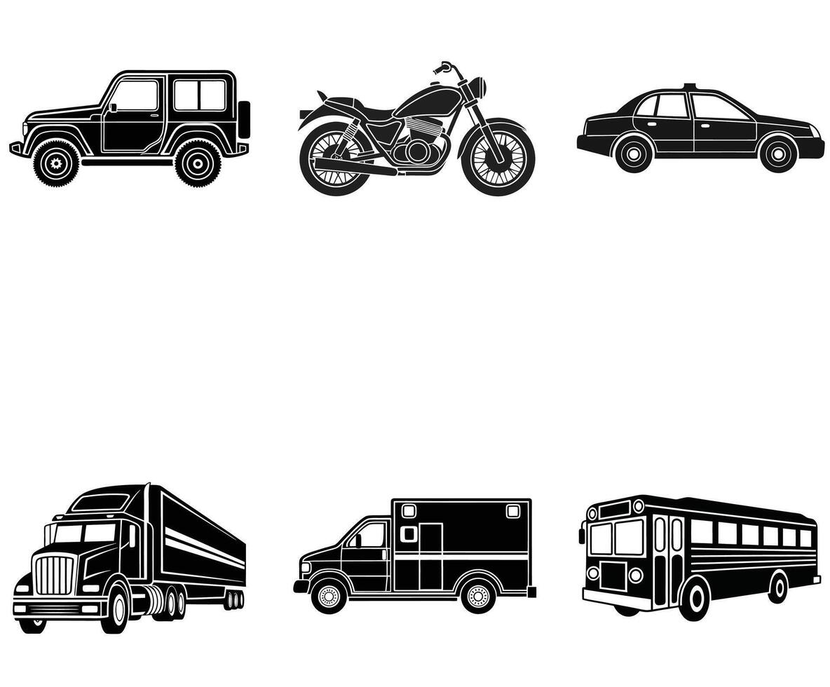 Silhouettes of Transport Vehicles Ambulance, Bus, Lorry, and More vector
