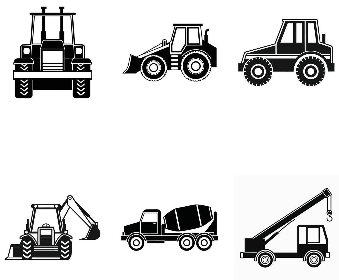 Construction Vehicles and Heavy Machinery Icons Set vector