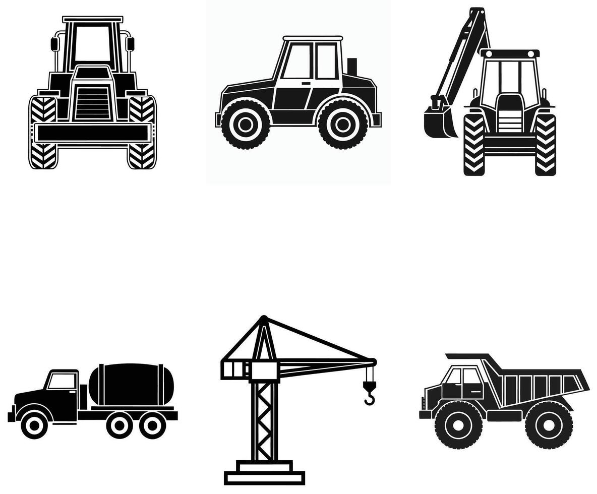 Industrial Equipment Silhouettes Tractors, Cranes, and Excavators vector