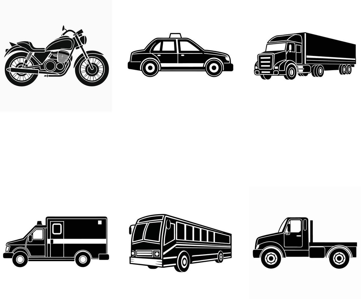 Set of Black Vehicle Silhouettes Ambulance, Taxi, Bus, and Truck vector
