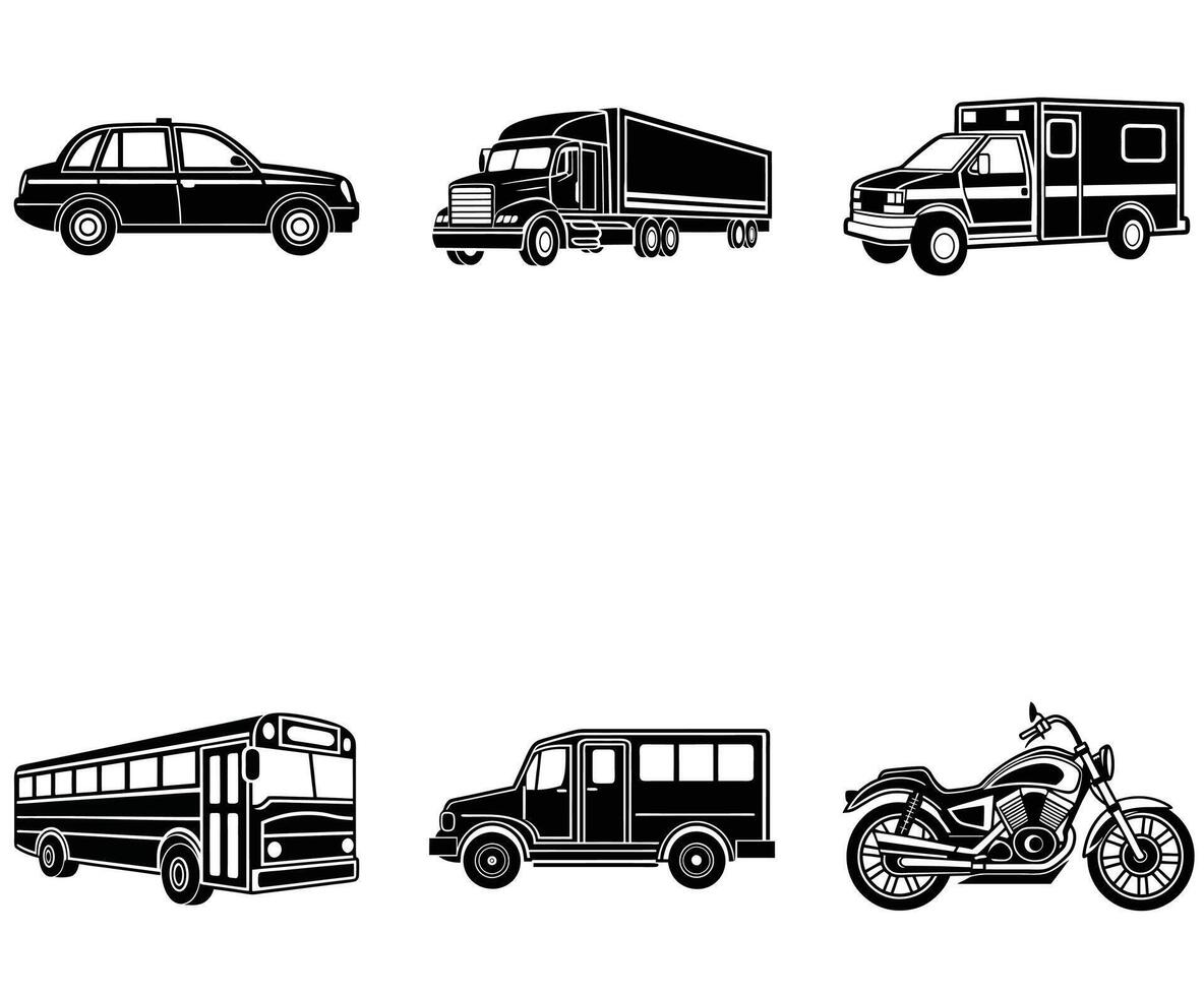 Minimalist Black Silhouettes of Emergency, Public, and Cargo Vehicles vector