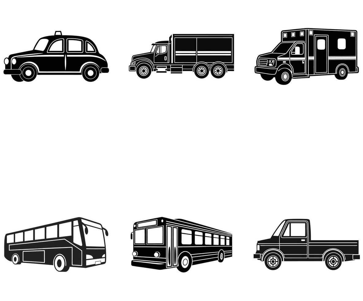 Transport Fleet Silhouette Set Including Ambulance, Taxi, and Trucks vector