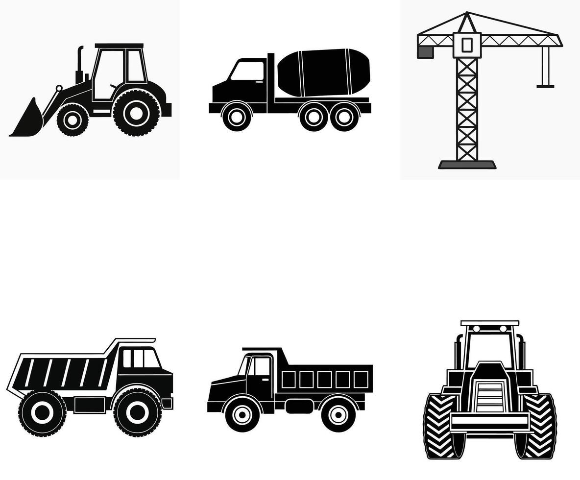 Sideview Construction Vehicles Road Roller, Bulldozer, and More vector