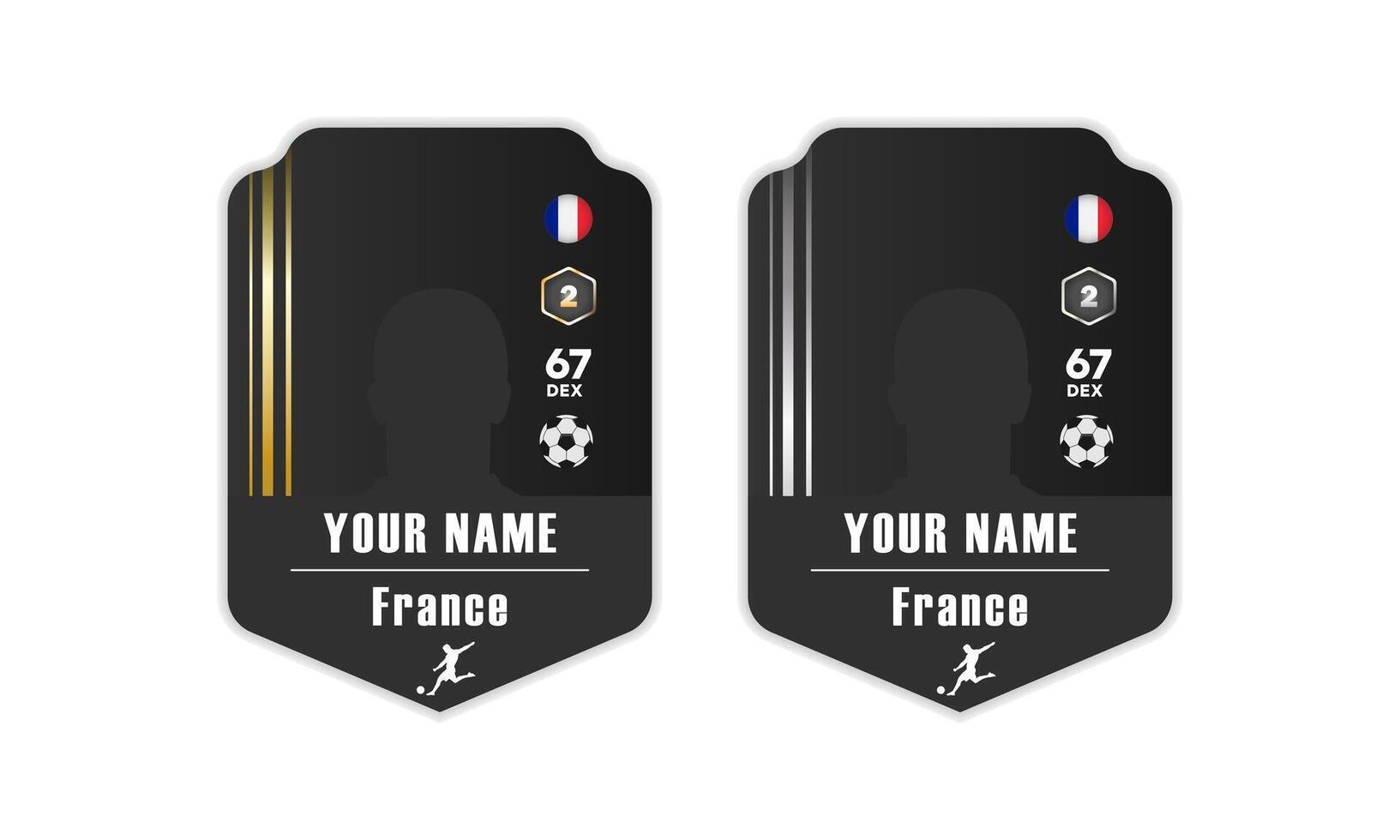 Customizable football player card template with black background, France flag, rating, and silhouette. vector
