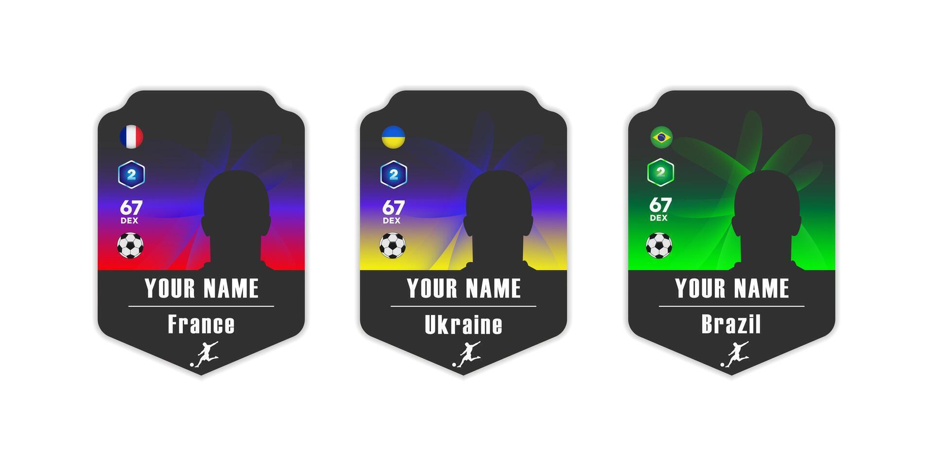 Customizable football player card template with national flags of France, Ukraine, and Brazil. Digital sports card design with player silhouette, statistics, and country representation vector