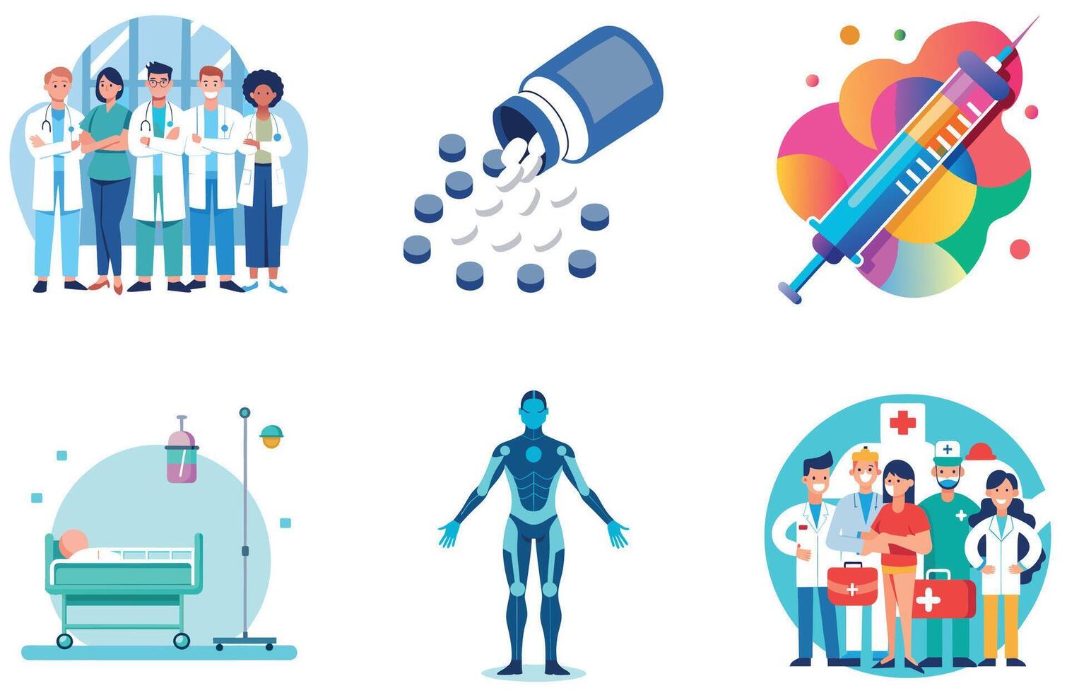 Pharmaceutical pills Bundle. Factory Production Medicine Collection Stickers vector