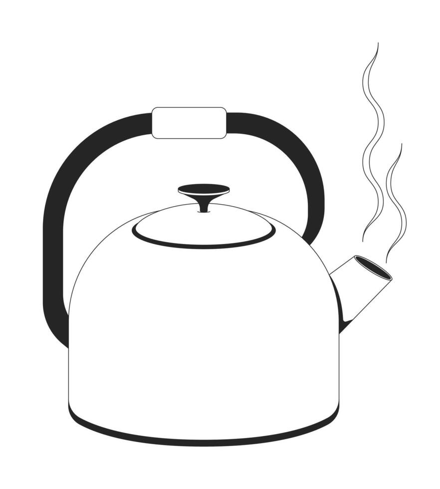 Stove kettle with steam 2D line object. Home comfort, kitchen essential, tea preparation. Boiling water. Kitchenware teapot isolated clipart ink outline item. Monochrome spot illustration vector