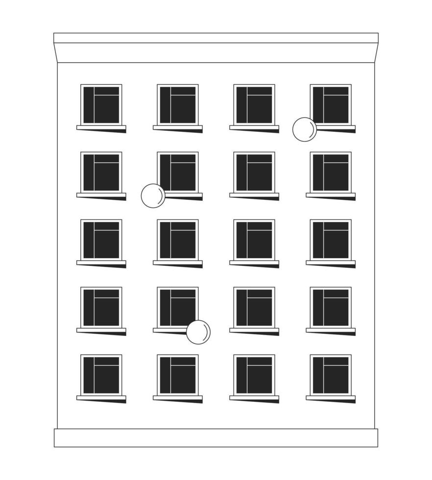 Cozy multi-story residential building 2D line object. Rental property. Apartment complex home. Realestate multistory housing isolated clipart ink outline item. Monochrome spot illustration vector