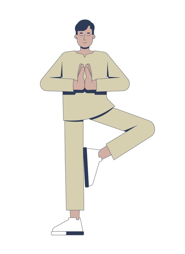 Indian man practicing tree pose in yoga 2D cartoon character. Balance, mindful breathing, inner peace. Holistic fitness south asian guy flat person isolated on white. Spot illustration colorful vector