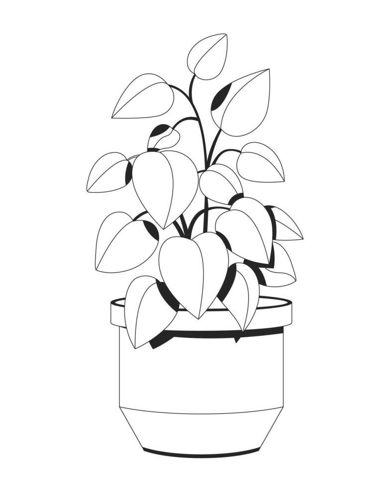 Lush leafy houseplant in ceramic pot 2D line object. Botanical, home decor. Indoor plant potted. Fresh greenery leaves isolated clipart ink outline item. Monochrome spot illustration vector