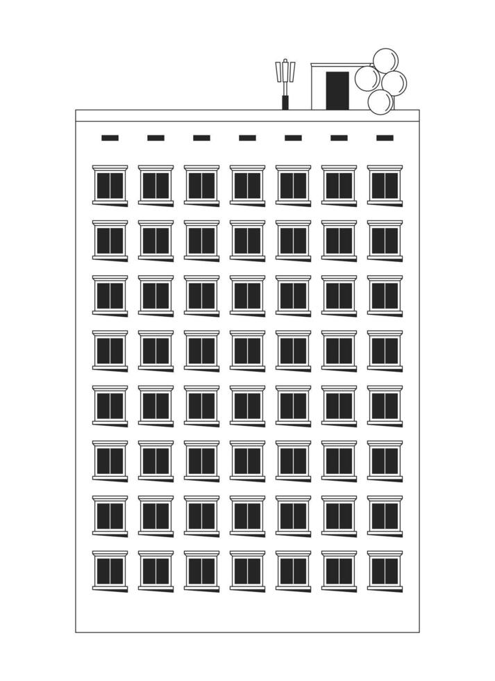 Mid-rise residential building property 2D line object. Rooftop antennas and satellite dishes. Realestate multistory housing isolated clipart ink outline item. Monochrome spot illustration vector